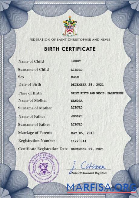 Realistic Saint Kitts vital record birth certificate PSD template